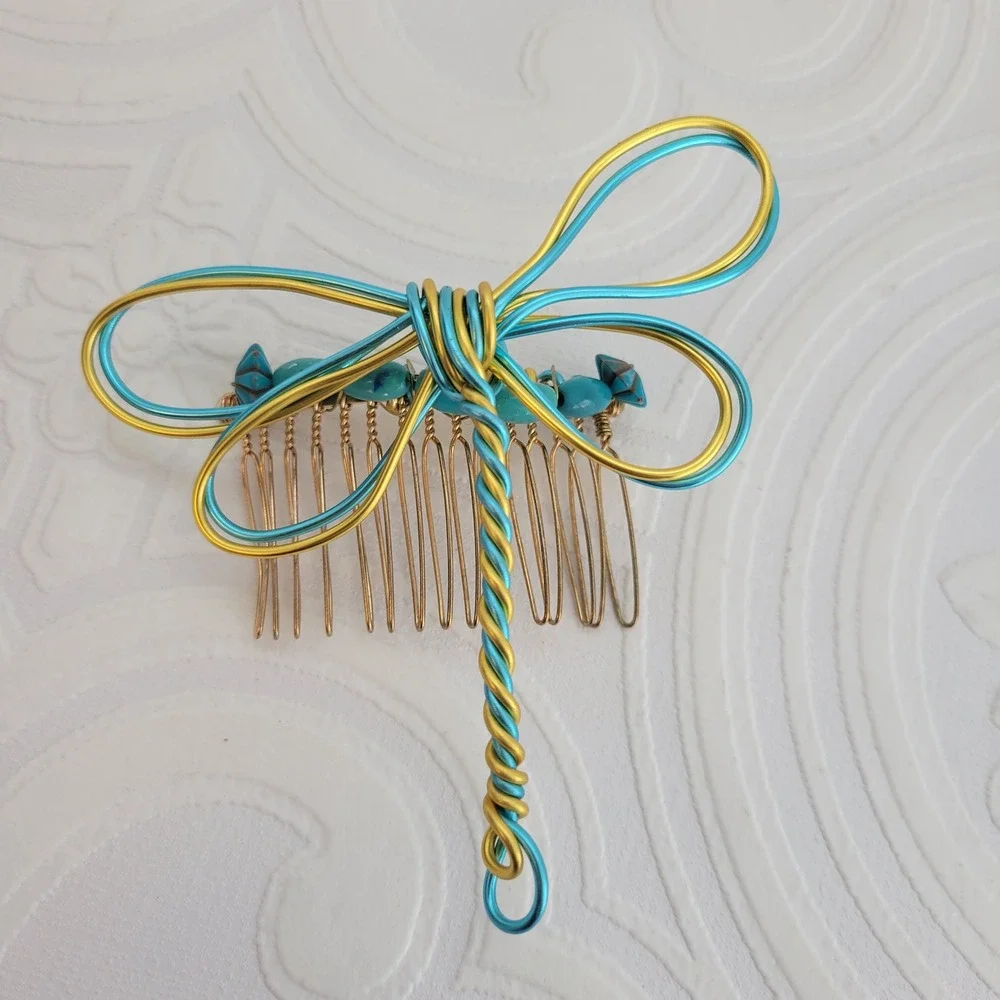 Handmade Dragonfly Hair Comb Teal Gold Wire Gemstone Rhinestone Vintage Art Deco